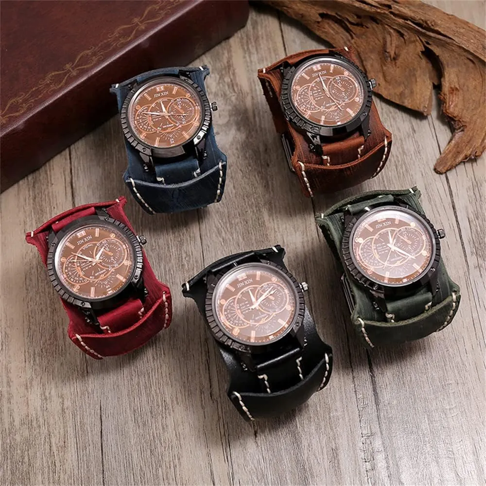 categorize refute underlie evaporate exact willful Watch Heavy Wide Pure Cow Leather Black Strap Watch Fashion Brown Cool Punk Style Mens Watches Bracelet Set Top Brand Watch for Men Luxury Wristwatch Quartz Retro Leather 