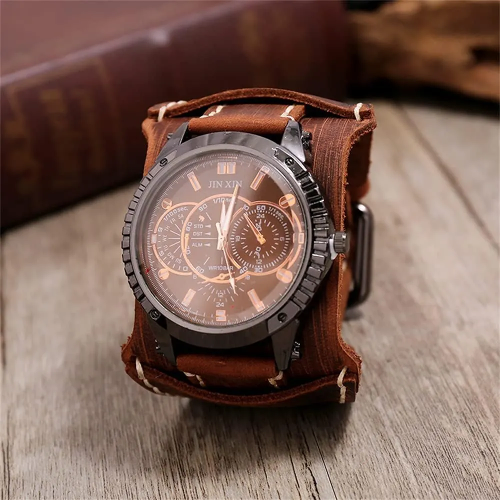 categorize refute underlie evaporate exact willful Watch Heavy Wide Pure Cow Leather Black Strap Watch Fashion Brown Cool Punk Style Mens Watches Bracelet Set Top Brand Watch for Men Luxury Wristwatch Quartz Retro Leather 