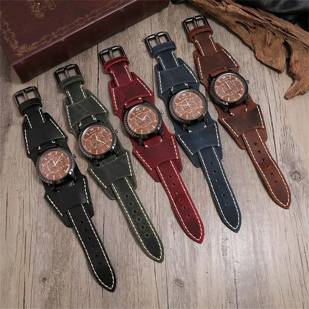 categorize refute underlie evaporate exact willful Watch Heavy Wide Pure Cow Leather Black Strap Watch Fashion Brown Cool Punk Style Mens Watches Bracelet Set Top Brand Watch for Men Luxury Wristwatch Quartz Retro Leather 