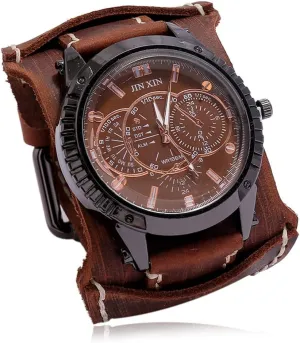 categorize refute underlie evaporate exact willful Watch Heavy Wide Pure Cow Leather Black Strap Watch Fashion Brown Cool Punk Style Mens Watches Bracelet Set Top Brand Watch for Men Luxury Wristwatch Quartz Retro Leather 