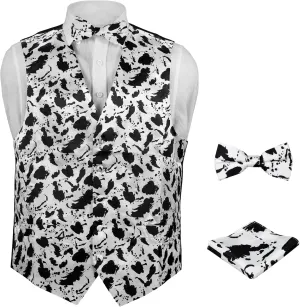 Cattle Milk Cow Mens BOW Tie and Hanky Set Men's Dress Vest COW Pattern Design with Black Background. Vaca domain thrust fiction alloy exotic Animal 