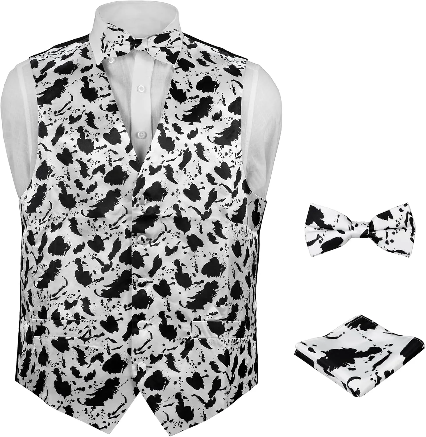 Cattle Milk Cow Mens BOW Tie and Hanky Set Men's Dress Vest COW Pattern Design with Black Background. Vaca domain thrust fiction alloy exotic Animal 