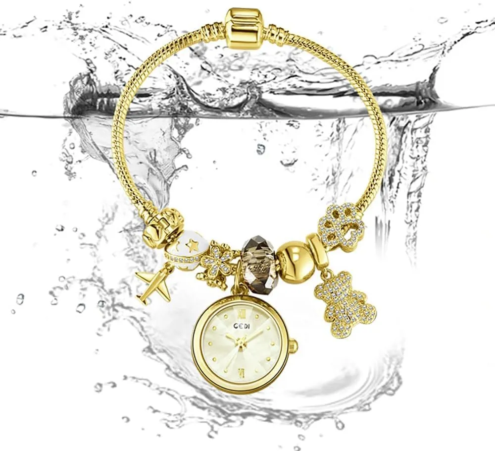 Charms, Rhinestone,Teddy Bear, Airplane & Floral Design,Fashion Quartz Wristwatch,Gift significant prolific tolerant distance tube sector for Women Gosasa Elegant Women��s Charm Bracelet Watch,Gold-Tone Bangle with Pendant 