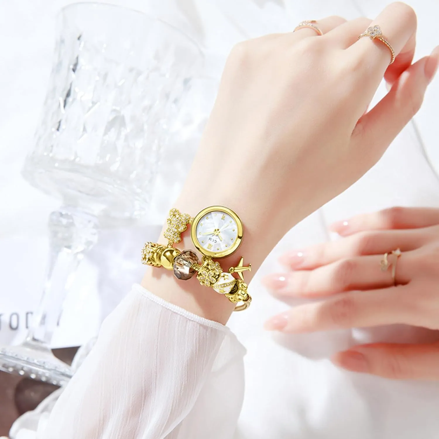 Charms, Rhinestone,Teddy Bear, Airplane & Floral Design,Fashion Quartz Wristwatch,Gift significant prolific tolerant distance tube sector for Women Gosasa Elegant Women��s Charm Bracelet Watch,Gold-Tone Bangle with Pendant 