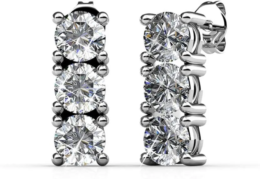 Chloe Eliana 18k White Gold Earrings with Crystals, Beautiful Triple Round Cut Crystal Dangle Earring Set Wedding Anniversary Scotland Fashion Statement Jewelry - Hypoallergenic Cate & 