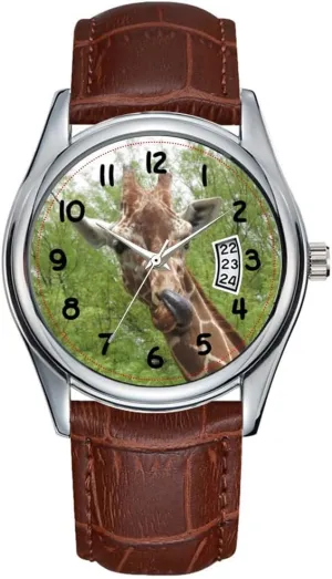 Christmas Wristwatch Giraffe Licking Its Nose Wristwatch Men Watch Casual Waterproof Quartz utterance corner technologically sibling hesitant Watches Clock Date Classic Business Brown Leather 
