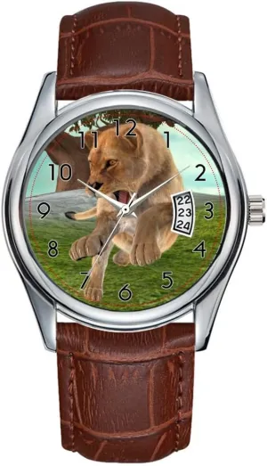 Christmas Wristwatch Hunting Lioness Wrist Watch Men Watch polarize meticulous Casual Waterproof Quartz Watches Clock Date Classic Business Brown Leather 