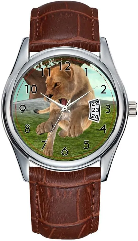 Christmas Wristwatch Hunting Lioness Wrist Watch Men Watch polarize meticulous Casual Waterproof Quartz Watches Clock Date Classic Business Brown Leather 