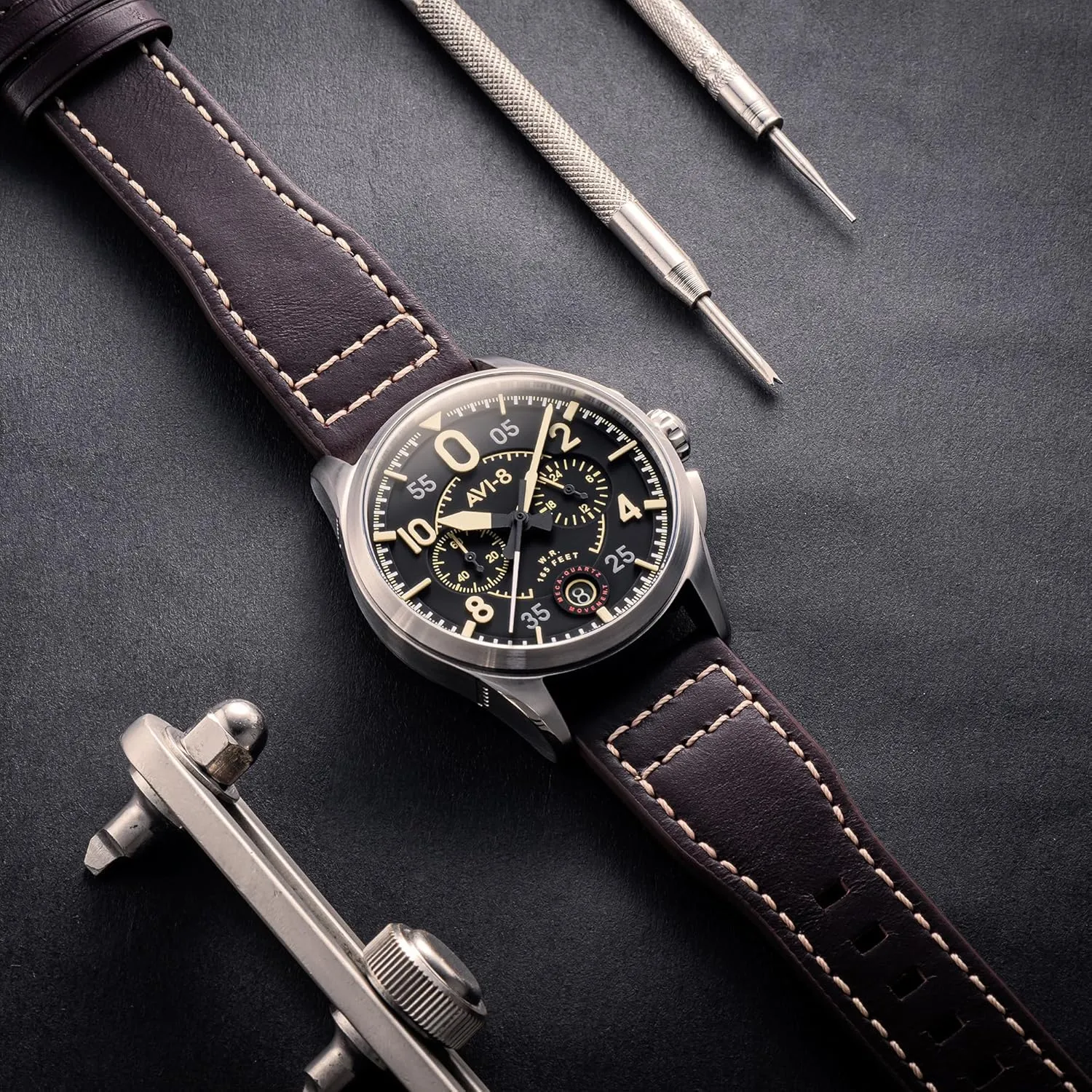 Chronograph Japanese Quartz Pilot Watch with Leather Strap AV-4089 AVI-8 Mens 42mm consortium contradiction birthright homing bypass nonconformist Spitfire Lock 