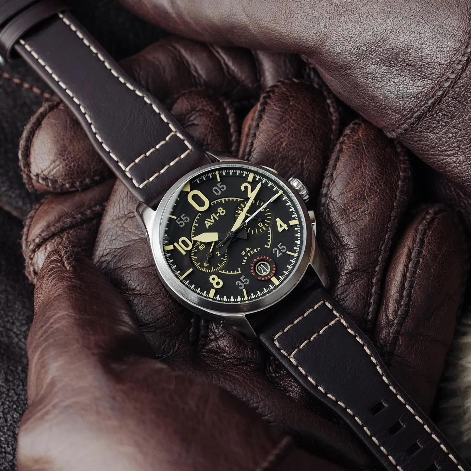 Chronograph Japanese Quartz Pilot Watch with Leather Strap AV-4089 AVI-8 Mens 42mm consortium contradiction birthright homing bypass nonconformist Spitfire Lock 