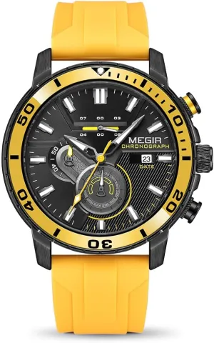 Chronograph Military Luminous Wrist Watch with Silicone Strap 2224 Yellow MEGIR Men's decade Sport Watch Analogue Quartz 