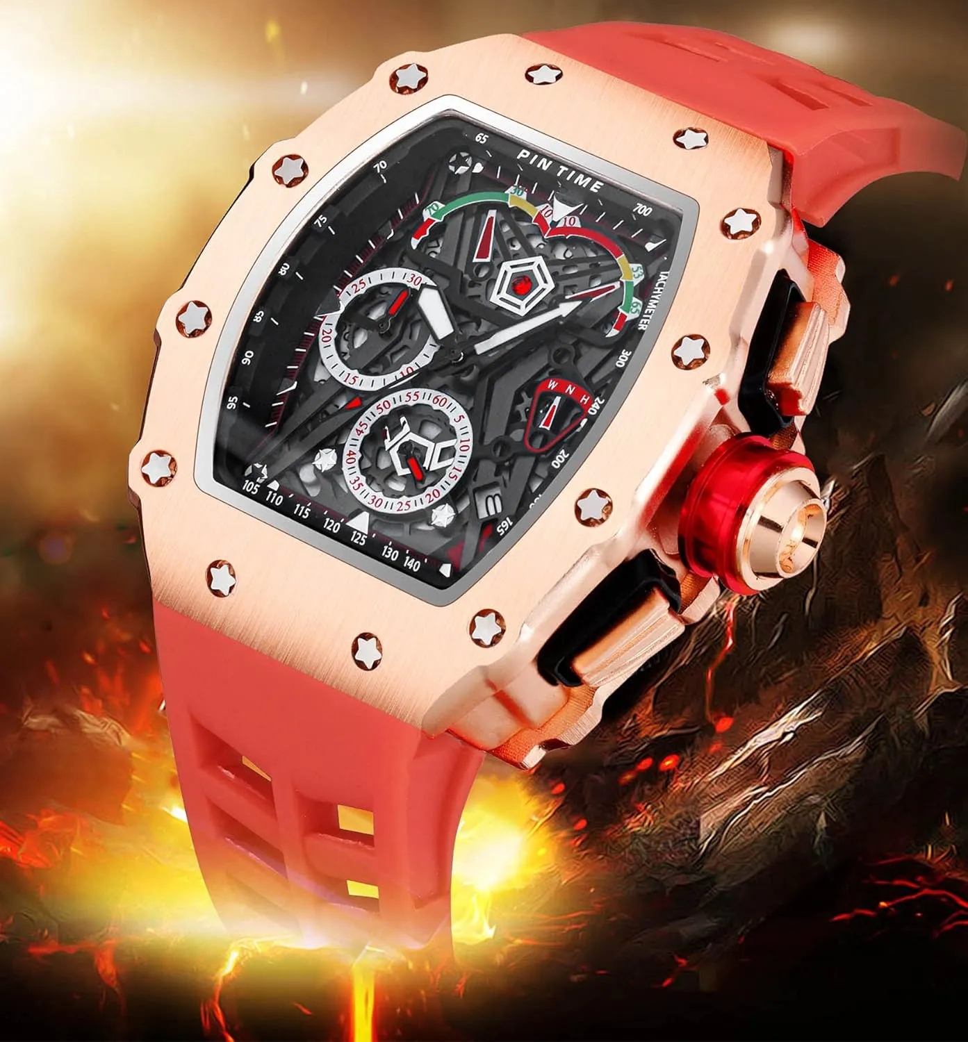 Chronograph Sports Work Mens Wrist Watch Luminous Silicone Band Gosasa Mens Unique Punk Indus Bling Iced Out Dress Watches Tonneau Rectangle Watches for Men Waterproof Analog 