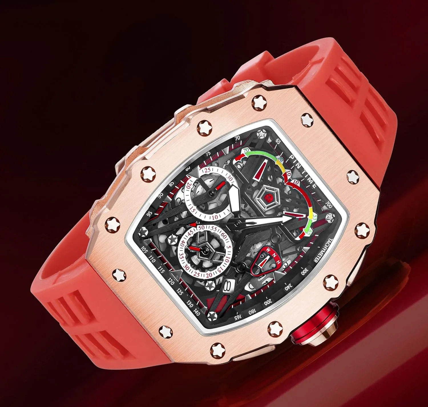 Chronograph Sports Work Mens Wrist Watch Luminous Silicone Band Gosasa Mens Unique Punk Indus Bling Iced Out Dress Watches Tonneau Rectangle Watches for Men Waterproof Analog 