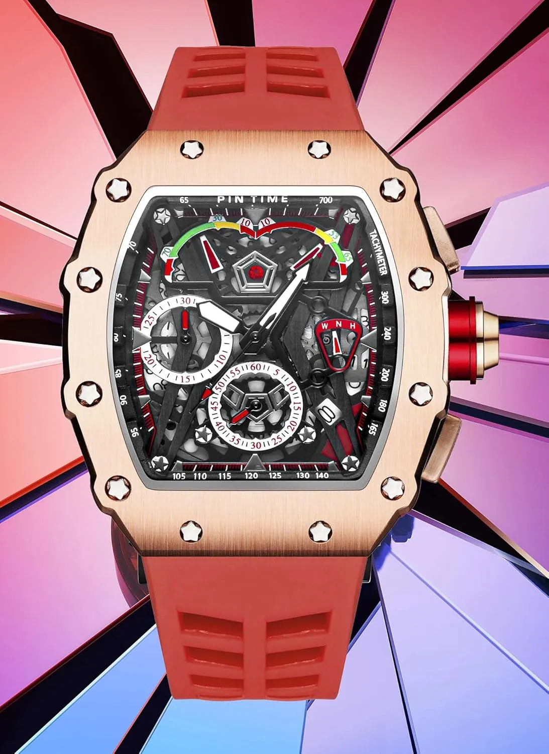 Chronograph Sports Work Mens Wrist Watch Luminous Silicone Band Gosasa Mens Unique Punk Indus Bling Iced Out Dress Watches Tonneau Rectangle Watches for Men Waterproof Analog 