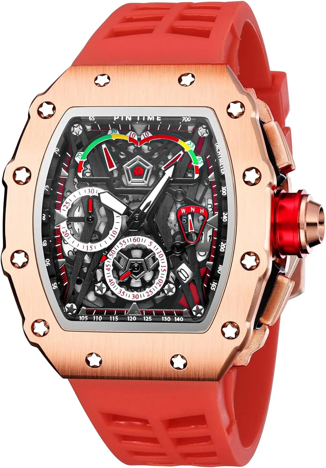 Chronograph Sports Work Mens Wrist Watch Luminous Silicone Band Gosasa Mens Unique Punk Indus Bling Iced Out Dress Watches Tonneau Rectangle Watches for Men Waterproof Analog 