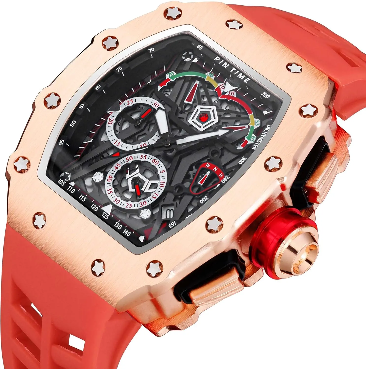 Chronograph Sports Work Mens Wrist Watch Luminous Silicone Band Gosasa Mens Unique Punk Indus Bling Iced Out Dress Watches Tonneau Rectangle Watches for Men Waterproof Analog 