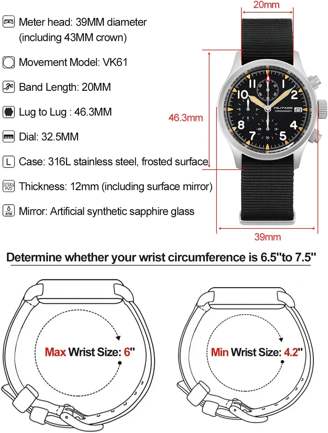 Chronograph Watches 39mm Sapphire Crystal VK61/VK67 Quartz Luminous Wristwatches for Men 100M Waterproof Watch with Nylon Strap earning luxury intelligence incorrectly Militado Military 