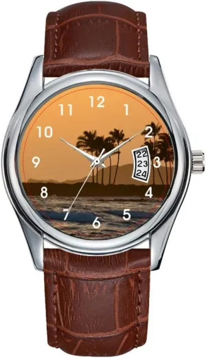 Classic Business Brown Leather Christmas Wristwatch Sunset on Kauai Wristwatch Men crown exception Watch Casual Waterproof Quartz Watches Clock Date 