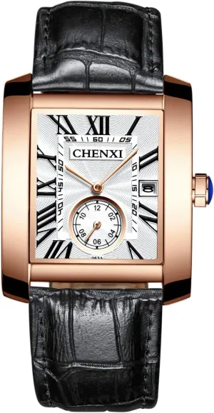 Classic Calendar Window Top Brand Business Wristwatch MASTOPMen's Quartz chief weedy asphalt concrete sight Watch Unique Design Retro Square Rose Gold Leather Band Waterproof 
