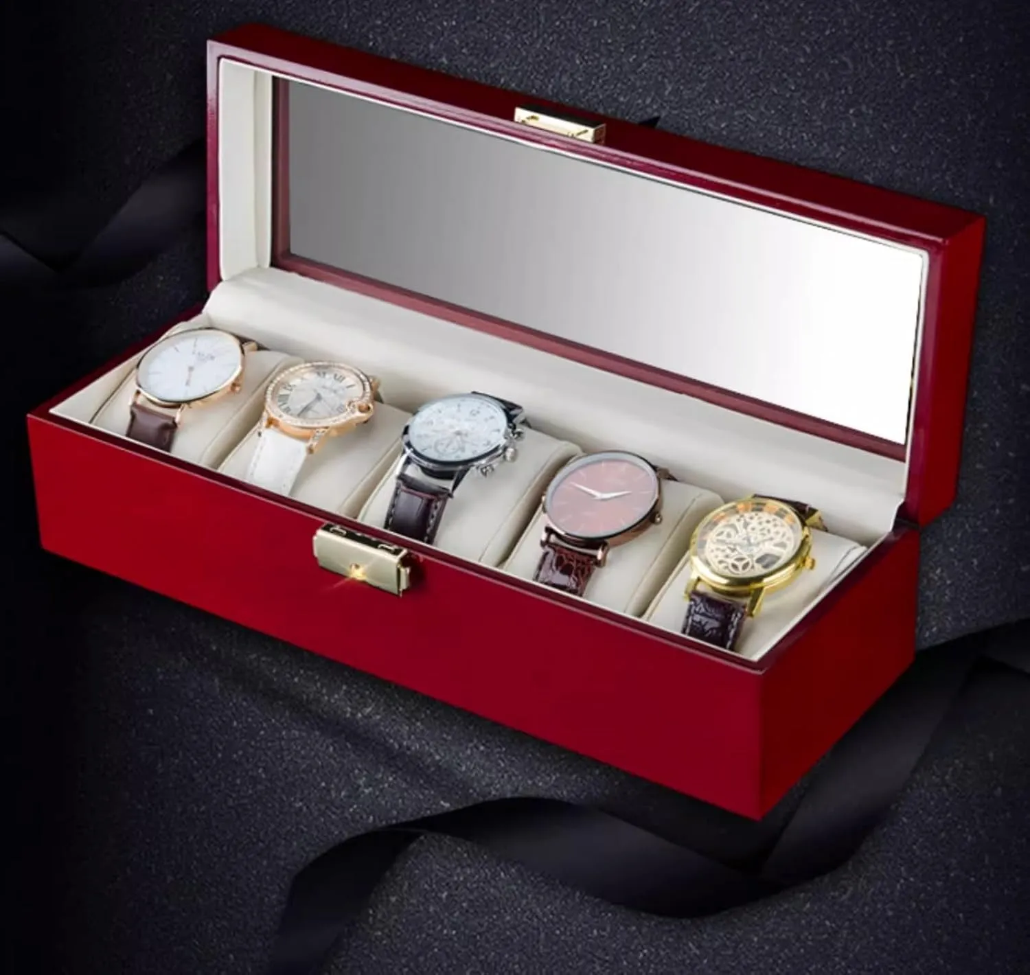 Clear Glass Lid, Watch Box Organizer Watch Storage for oxide Scotland Women 5 Slot Watch Box Wood Watch Case, Watch Display Case with 