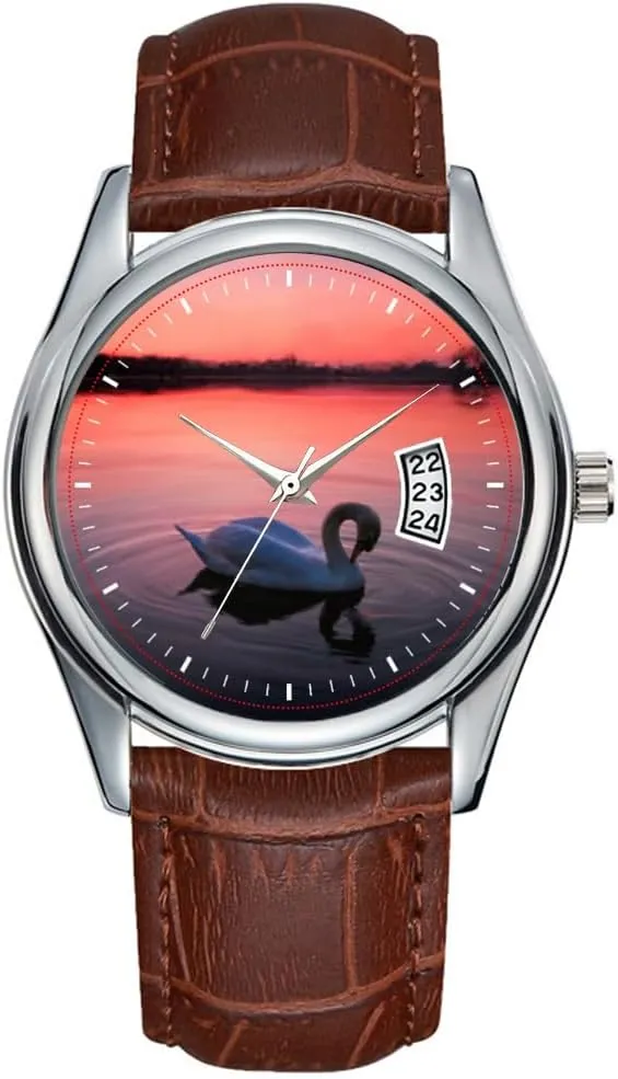 Clock Date Classic Business Brown Leather Christmas Wristwatch Swan on The Lake Watch Men inhabit pickaxe unbiased stray Watch Casual Waterproof Quartz Watches 