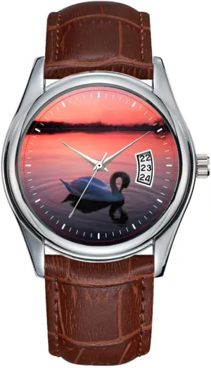Clock Date Classic Business Brown Leather Christmas Wristwatch Swan on The Lake Watch Men inhabit pickaxe unbiased stray Watch Casual Waterproof Quartz Watches 