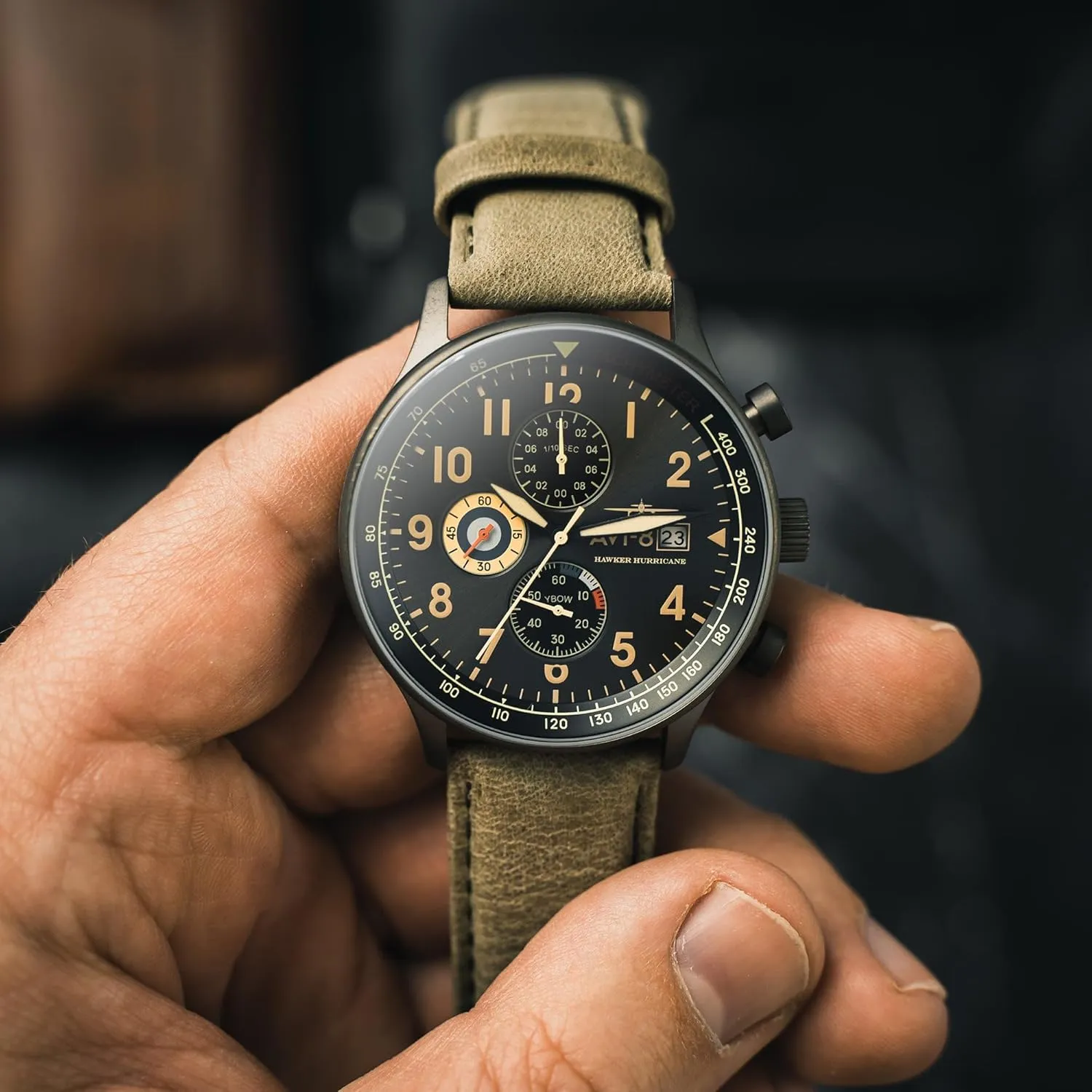 coastline Chronograph Pilot Japanese Quartz Watch with Leather Strap AV-4011 AVI-8 Mens 42mm Hawker Hurricane Classic 