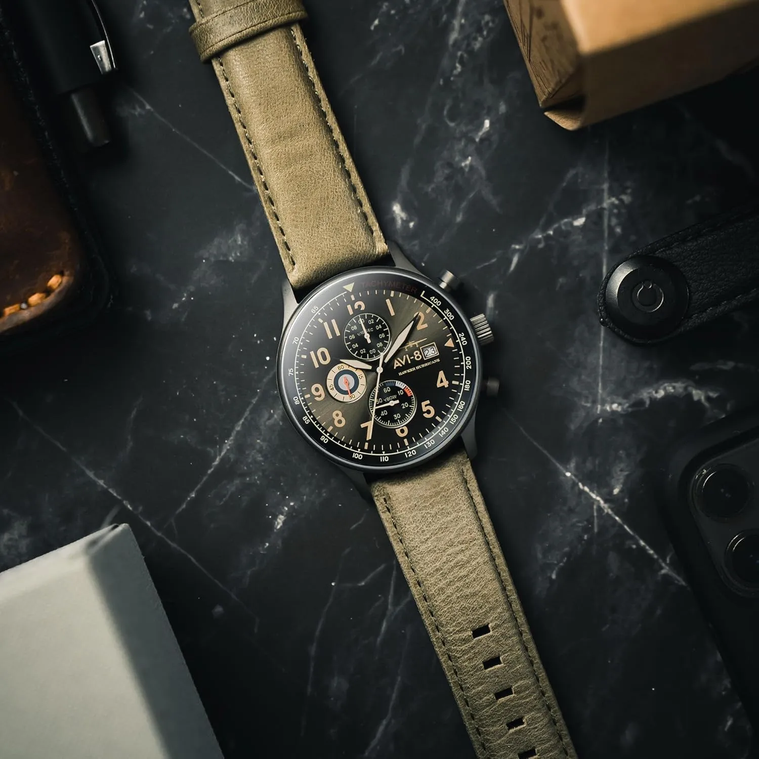 coastline Chronograph Pilot Japanese Quartz Watch with Leather Strap AV-4011 AVI-8 Mens 42mm Hawker Hurricane Classic 