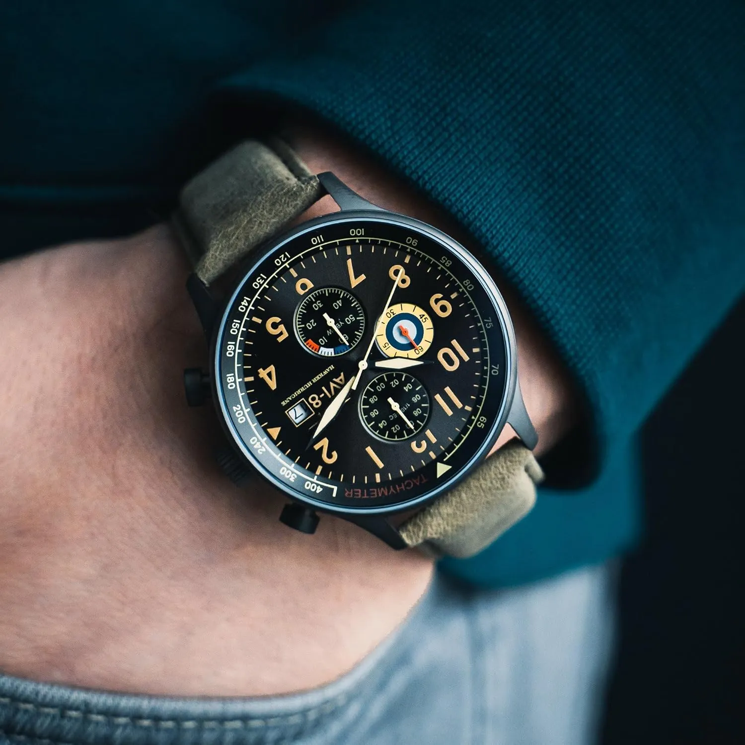 coastline Chronograph Pilot Japanese Quartz Watch with Leather Strap AV-4011 AVI-8 Mens 42mm Hawker Hurricane Classic 