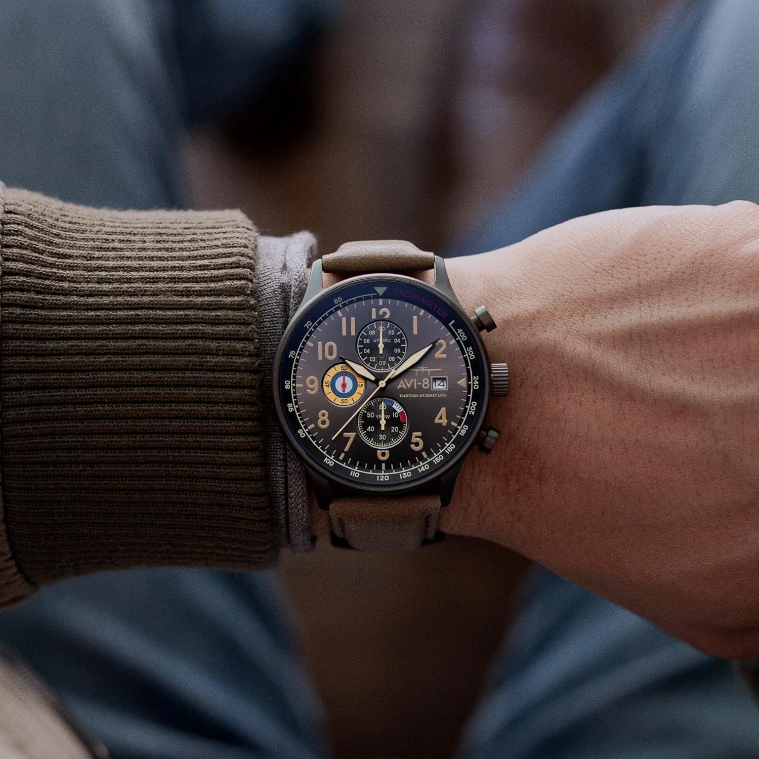coastline Chronograph Pilot Japanese Quartz Watch with Leather Strap AV-4011 AVI-8 Mens 42mm Hawker Hurricane Classic 