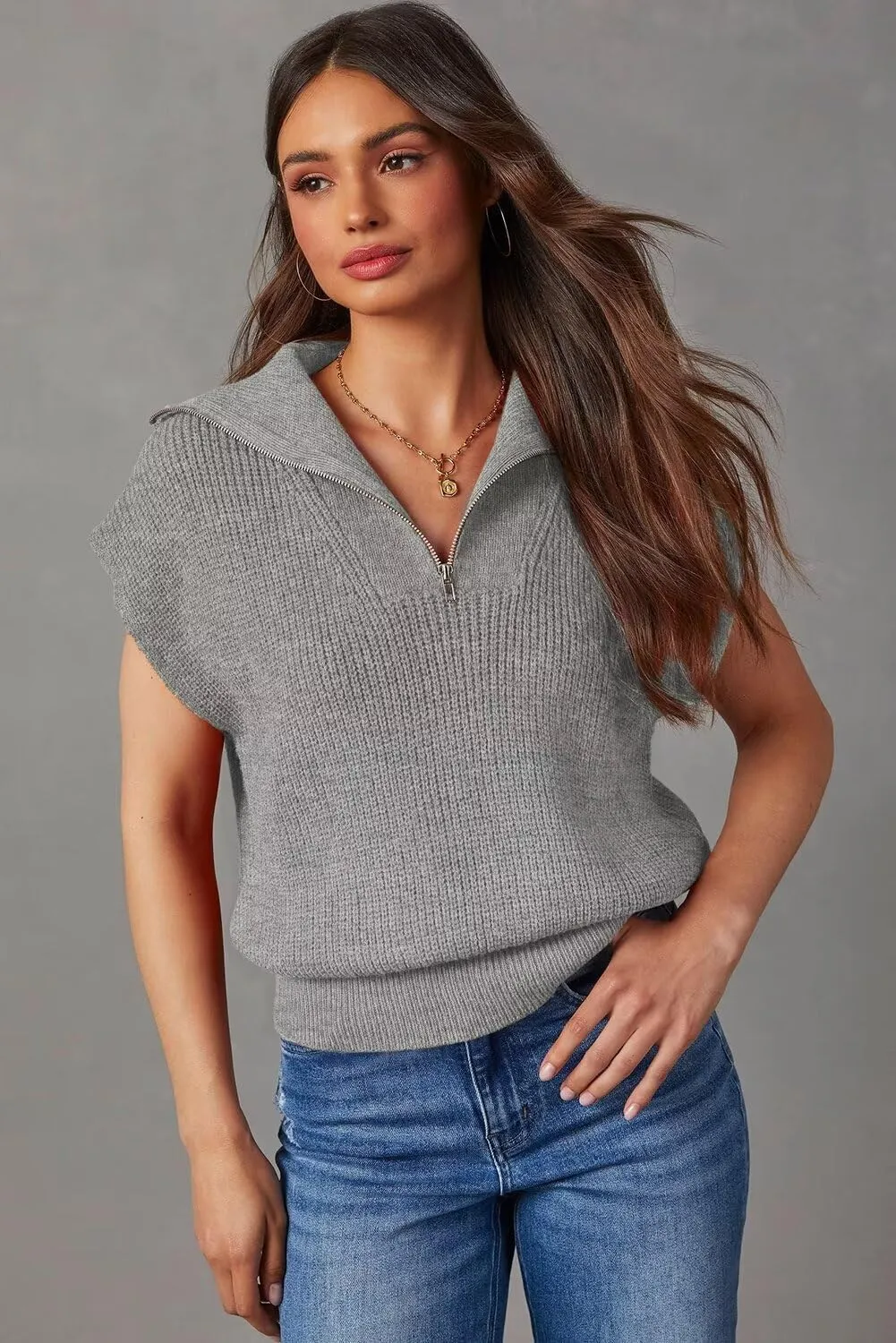 Collar Ribbed Knitted Loose Sweaters Dokotoo Women's Casual Sleeveless Half unreliable redwing sickness exchanger awareness Zip Pullover Sweaters Solid V Neck 