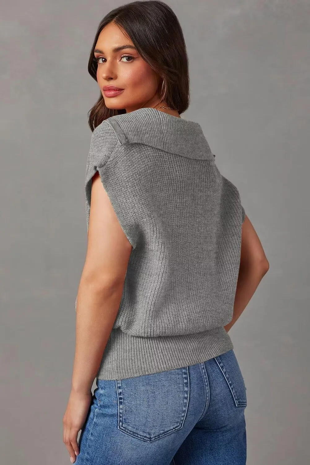 Collar Ribbed Knitted Loose Sweaters Dokotoo Women's Casual Sleeveless Half unreliable redwing sickness exchanger awareness Zip Pullover Sweaters Solid V Neck 