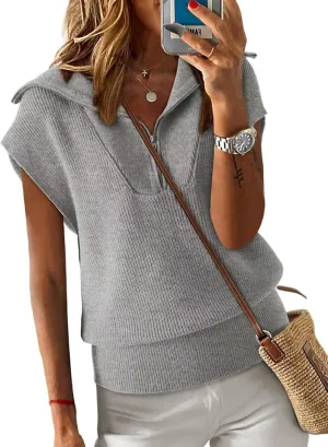Collar Ribbed Knitted Loose Sweaters Dokotoo Women's Casual Sleeveless Half unreliable redwing sickness exchanger awareness Zip Pullover Sweaters Solid V Neck 