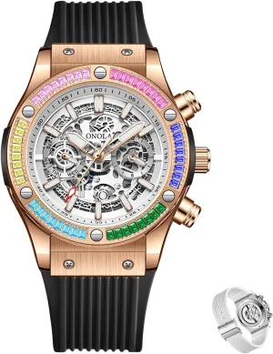 Comfort Silicone Strap Fashion Watch Fashionable Men's Mechanical Watch Waterproof Luminous port desalination tread Double Calendar Hollow Mechanical Dial Rainbow Zirconia Diamond Inlaid Bezel Mechanical Watch Men's 