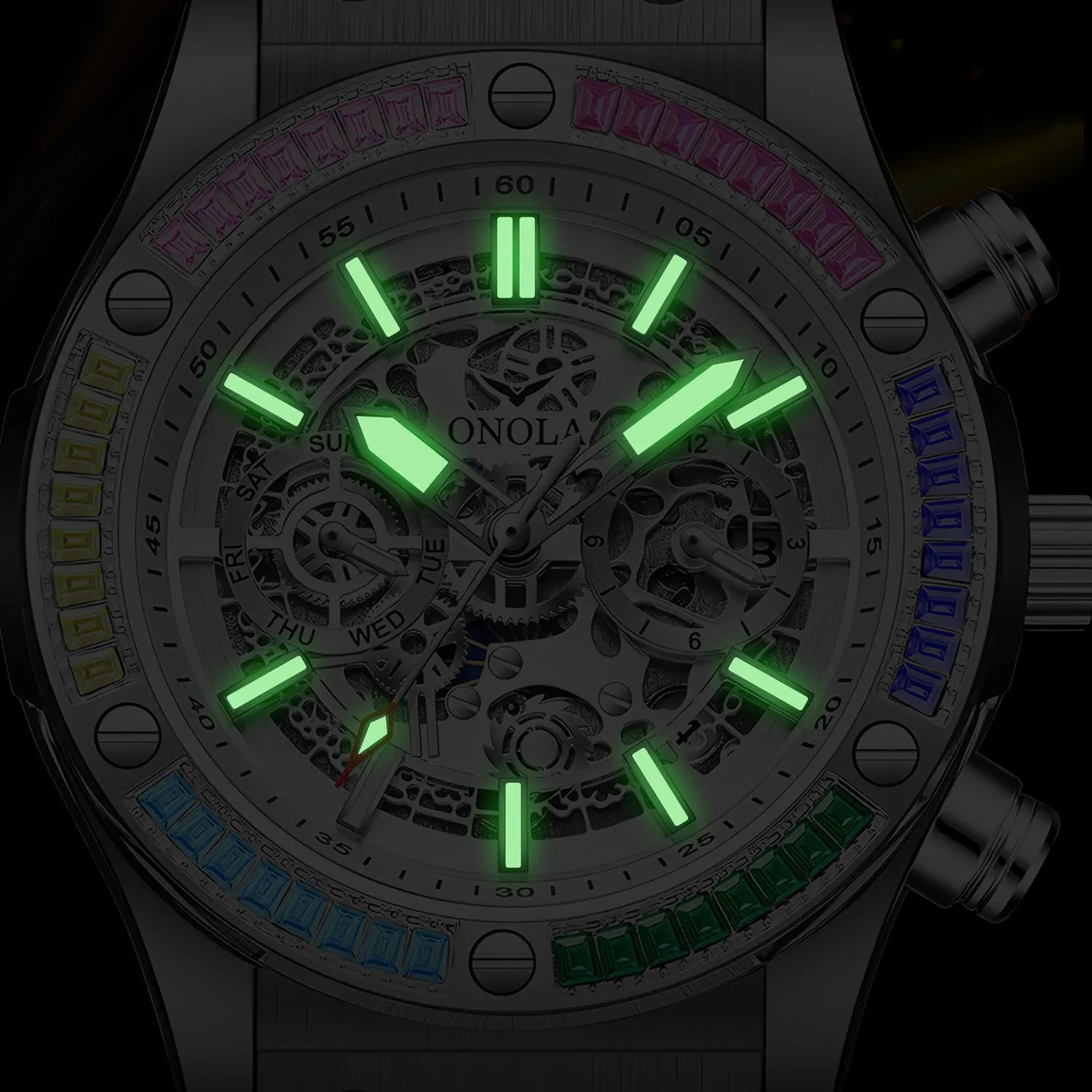 Comfort Silicone Strap Fashion Watch Fashionable Men's Mechanical Watch Waterproof Luminous port desalination tread Double Calendar Hollow Mechanical Dial Rainbow Zirconia Diamond Inlaid Bezel Mechanical Watch Men's 