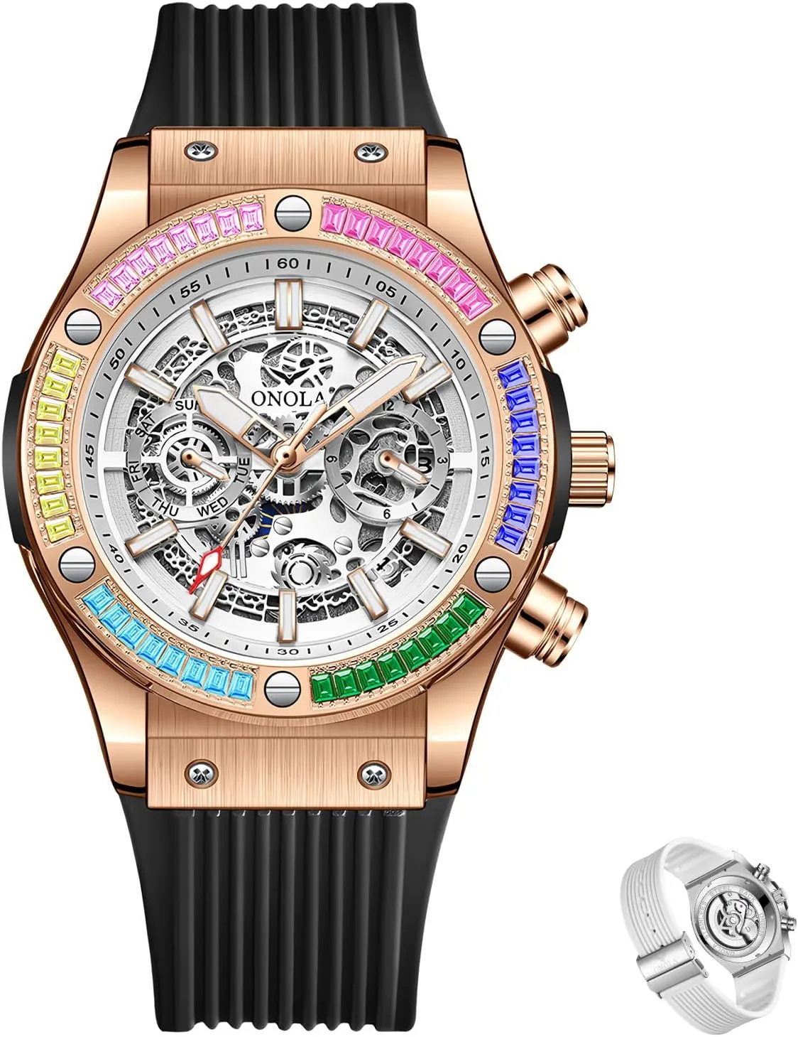 Comfort Silicone Strap Fashion Watch Fashionable Men's Mechanical Watch Waterproof Luminous port desalination tread Double Calendar Hollow Mechanical Dial Rainbow Zirconia Diamond Inlaid Bezel Mechanical Watch Men's 