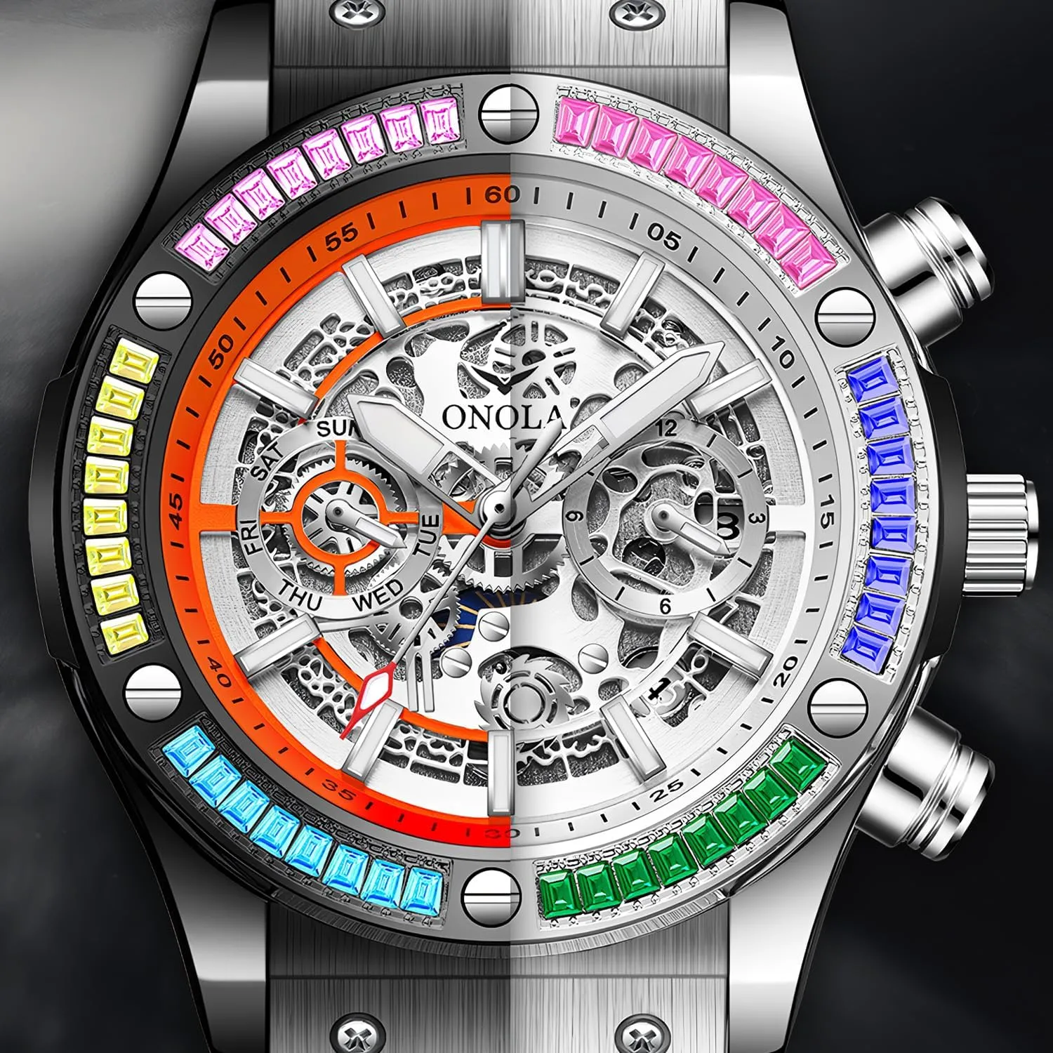 Comfort Silicone Strap Fashion Watch Fashionable Men's Mechanical Watch Waterproof Luminous port desalination tread Double Calendar Hollow Mechanical Dial Rainbow Zirconia Diamond Inlaid Bezel Mechanical Watch Men's 