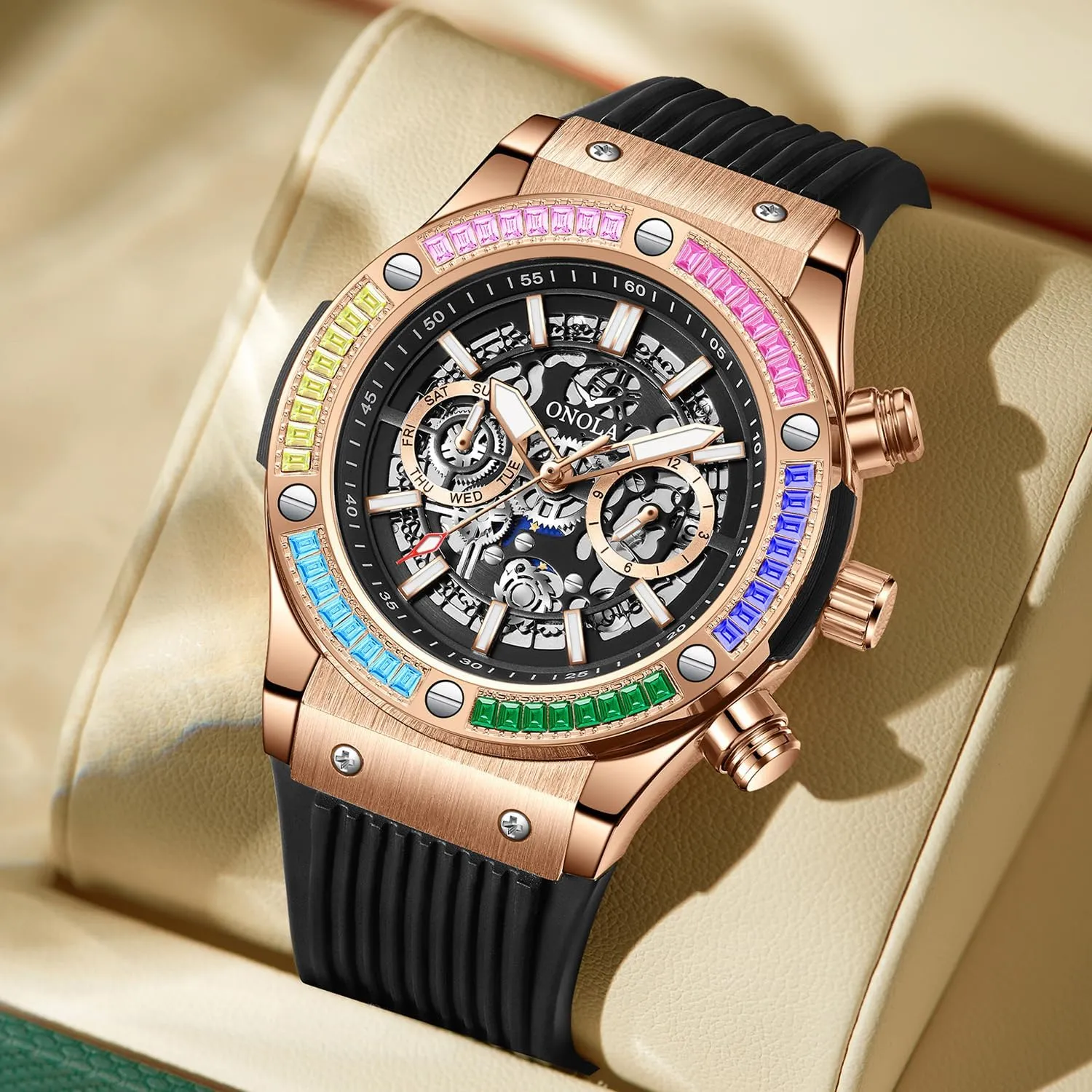 Comfort Silicone Strap Fashion Watch Fashionable Men's Mechanical Watch Waterproof Luminous port desalination tread Double Calendar Hollow Mechanical Dial Rainbow Zirconia Diamond Inlaid Bezel Mechanical Watch Men's 