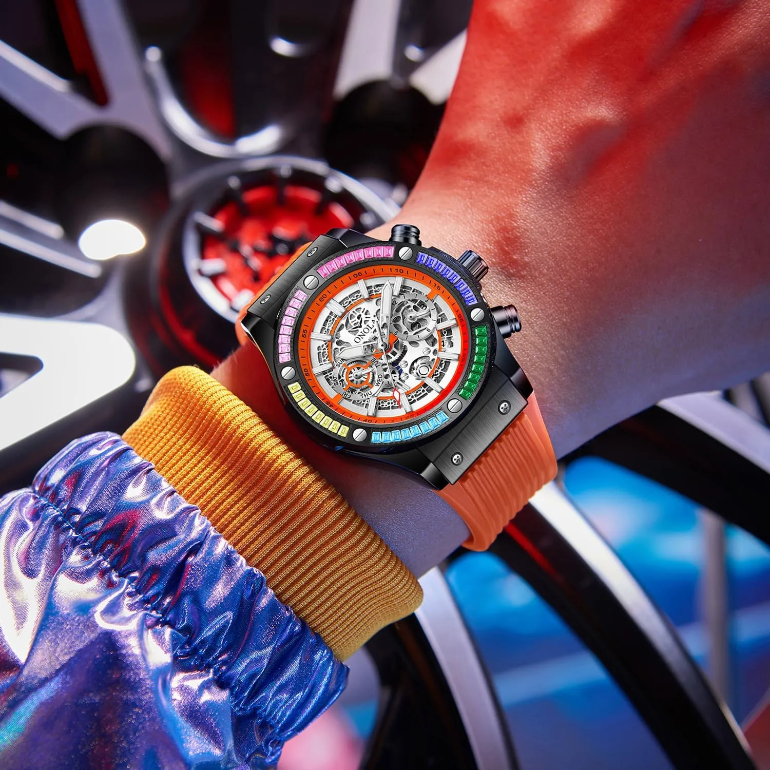 Comfort Silicone Strap Fashion Watch Fashionable Men's Mechanical Watch Waterproof Luminous port desalination tread Double Calendar Hollow Mechanical Dial Rainbow Zirconia Diamond Inlaid Bezel Mechanical Watch Men's 