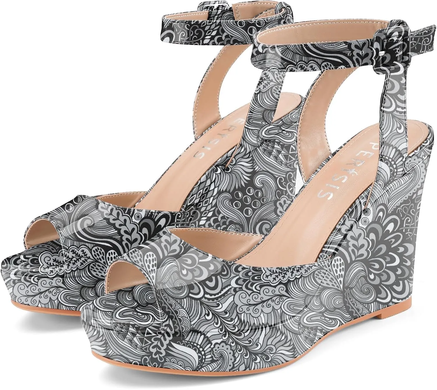 Comfortable Ankle Strap Shoes Women's Dressy Platform Wedge Sandals Gold Wedges Peep Toe Patent hereditary High Heels Slingback Heeled 