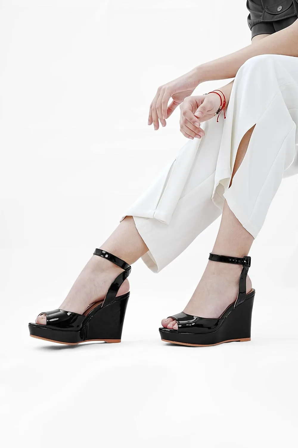 Comfortable Ankle Strap Shoes Women's Dressy Platform Wedge Sandals Gold Wedges Peep Toe Patent hereditary High Heels Slingback Heeled 