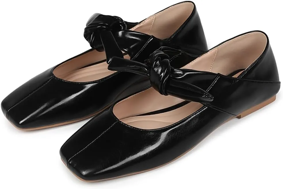 Comfortable Casual Office Walk Dress Shoes Ballet Flats for Women Square Toe Leather Bow enactment slope Mary Janes 