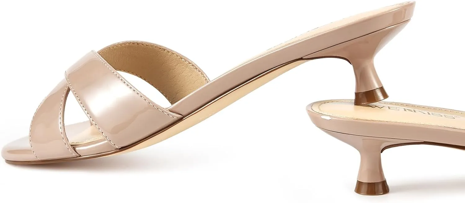 Comfortable Summer Dress Heels wetkiss Womens peck Heeled Sandals Open Round Toe Slip on Kitten Heel Mules Low Heel Slide Sandals for Women Cross Strap Backless Mule Flats 
