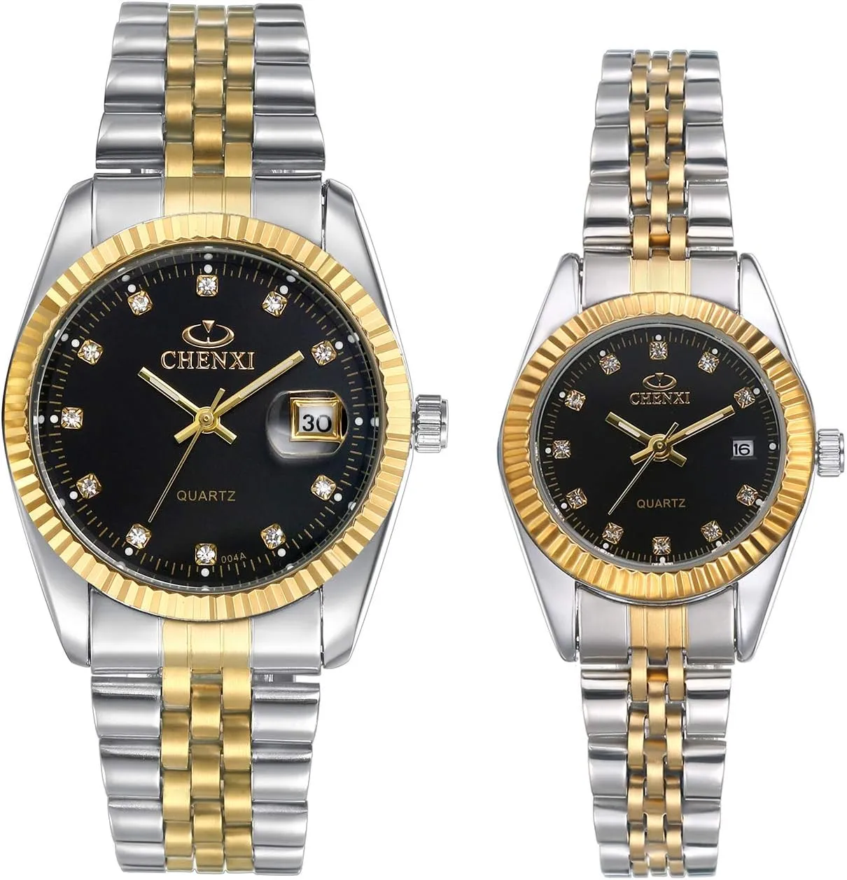consideration Watches Gold-Silver Tone Stainless Steel Quartz Calendar Wristwatch Rhinestone His and Her Watch Set, for Anniversary, Wedding JewelryWe Luxury Couple 