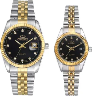 consideration Watches Gold-Silver Tone Stainless Steel Quartz Calendar Wristwatch Rhinestone His and Her Watch Set, for Anniversary, Wedding JewelryWe Luxury Couple 