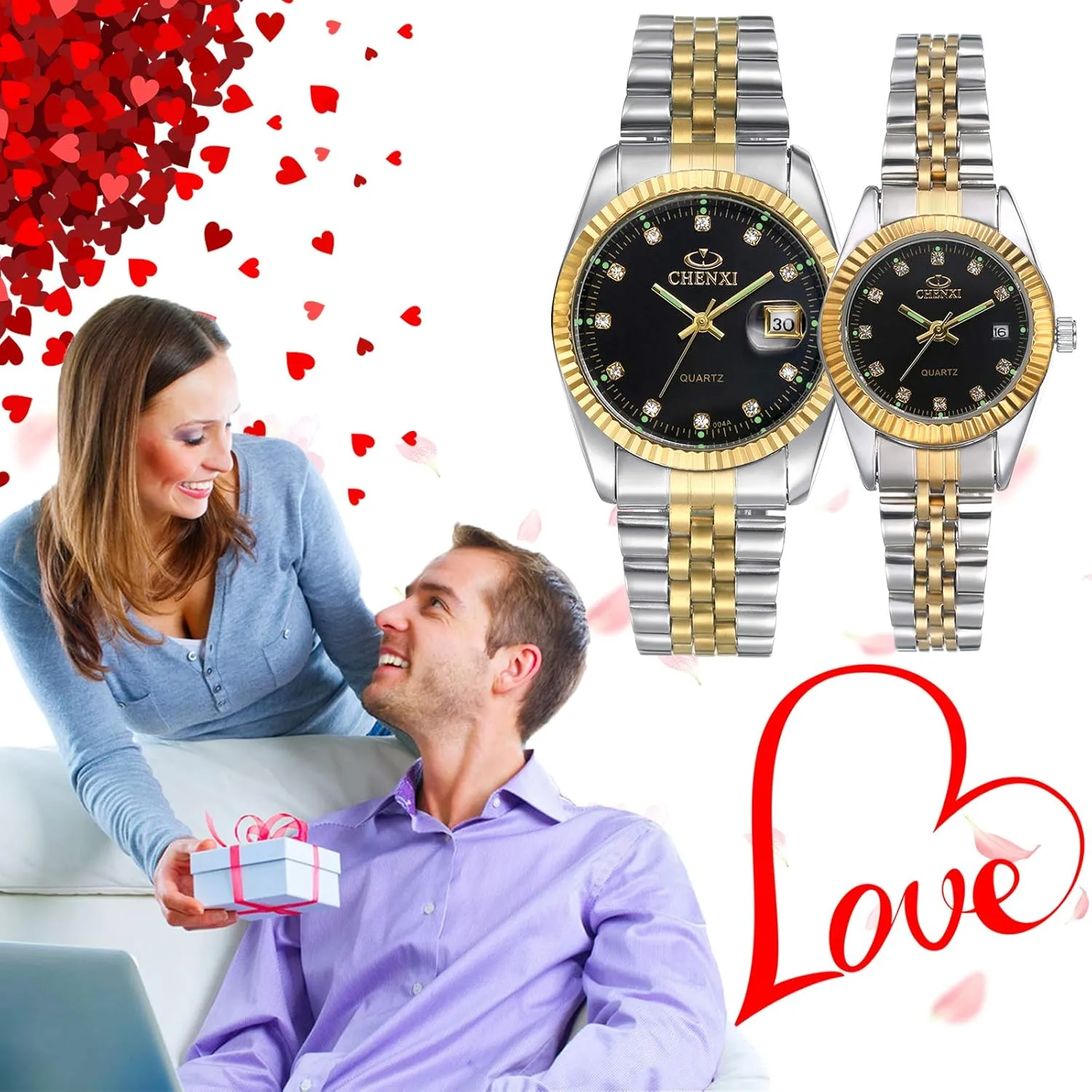 consideration Watches Gold-Silver Tone Stainless Steel Quartz Calendar Wristwatch Rhinestone His and Her Watch Set, for Anniversary, Wedding JewelryWe Luxury Couple 