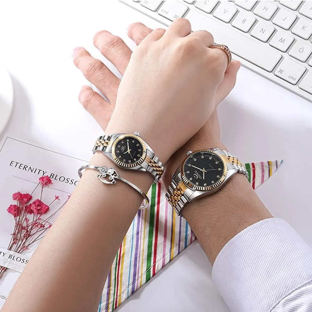 consideration Watches Gold-Silver Tone Stainless Steel Quartz Calendar Wristwatch Rhinestone His and Her Watch Set, for Anniversary, Wedding JewelryWe Luxury Couple 