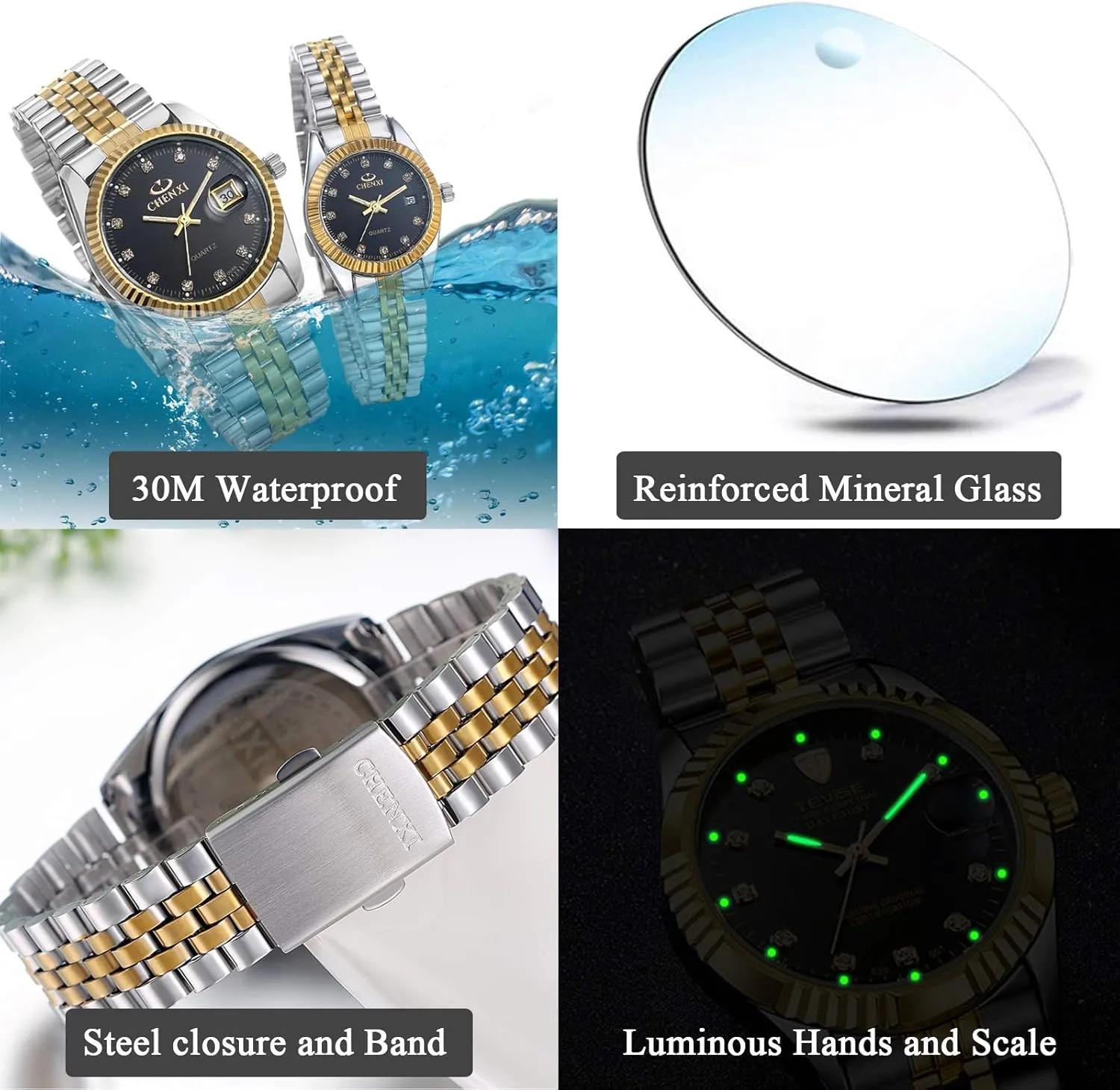 consideration Watches Gold-Silver Tone Stainless Steel Quartz Calendar Wristwatch Rhinestone His and Her Watch Set, for Anniversary, Wedding JewelryWe Luxury Couple 
