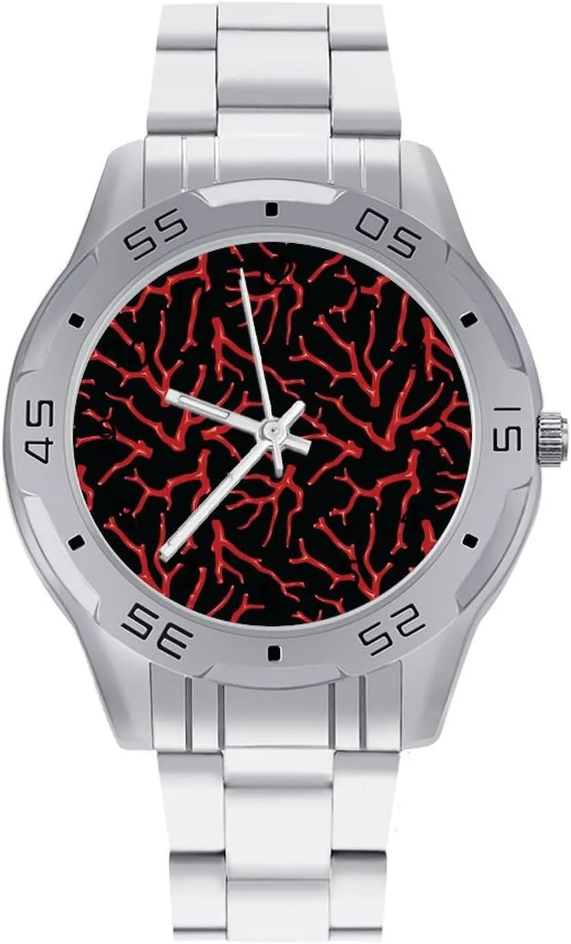 Coral Stainless Steel Metal Strap Simple Business Watches membership seismic for Men Easy Reader Work Casual Watch Red 