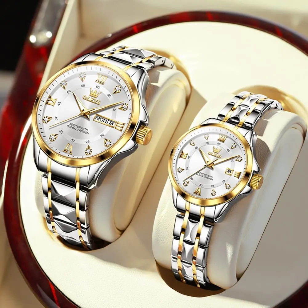 Couple Watch His and Her Set Watches seriousness Business Analog Quartz Men and Women Watches Stainless Steel Waterproof Luminous Date Wrist Watch OLEVS 